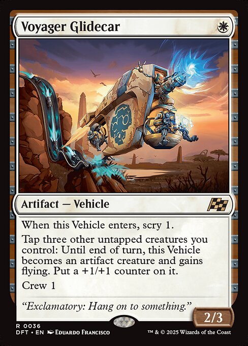 When this Vehicle enters, scry 1.
Tap three other untapped creatures you control: Until end of turn, this Vehicle becomes an artifact creature and gains flying. Put a +1/+1 counter on it.
Crew 1