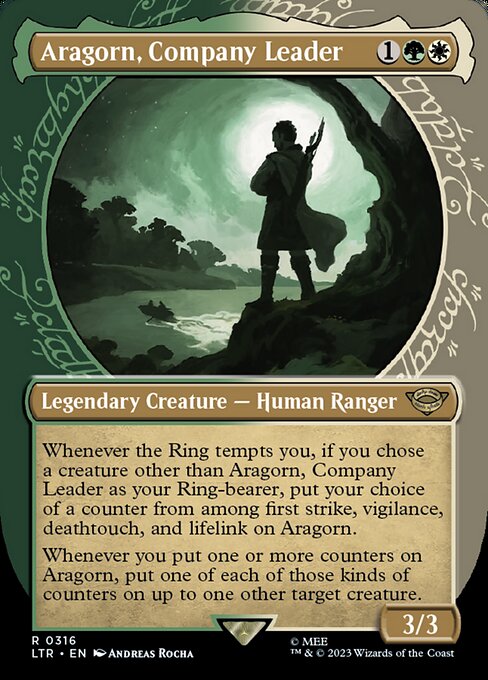 Whenever the Ring tempts you, if you chose a creature other than Aragorn, Company Leader as your Ring-bearer, put your choice of a counter from among first strike, vigilance, deathtouch, and lifelink on Aragorn.
Whenever you put one or more counters on Aragorn, put one of each of those kinds of counters on up to one other target creature.