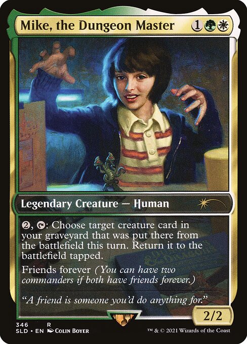 {2}, {T}: Choose target creature card in your graveyard that was put there from the battlefield this turn. Return it to the battlefield tapped.
Friends forever (You can have two commanders if both have friends forever.)