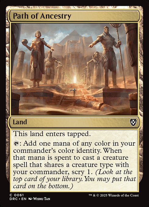 This land enters tapped.
{T}: Add one mana of any color in your commander's color identity. When that mana is spent to cast a creature spell that shares a creature type with your commander, scry 1. (Look at the top card of your library. You may put that card on the bottom.)