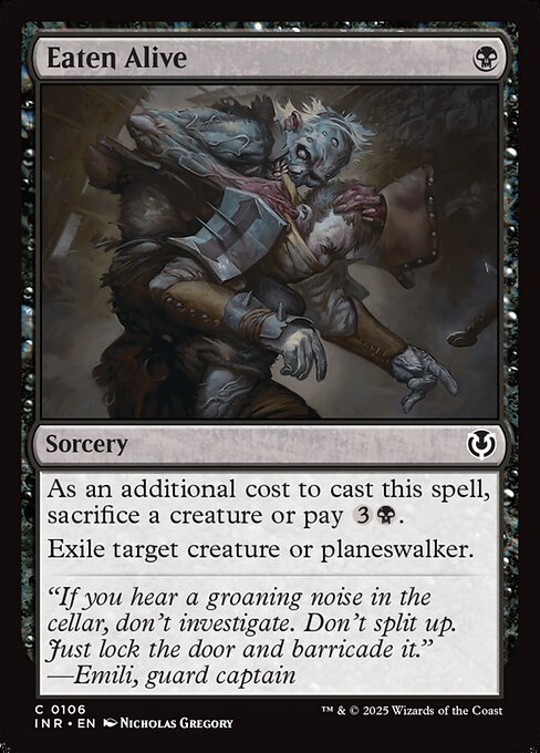As an additional cost to cast this spell, sacrifice a creature or pay {3}{B}.
Exile target creature or planeswalker.