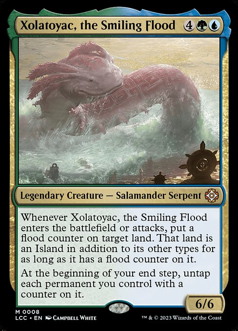 Whenever Xolatoyac enters or attacks, put a flood counter on target land. That land is an Island in addition to its other types for as long as it has a flood counter on it.
At the beginning of your end step, untap each permanent you control with a counter on it.