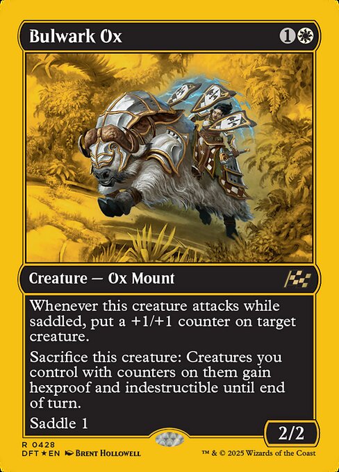 Whenever this creature attacks while saddled, put a +1/+1 counter on target creature.
Sacrifice this creature: Creatures you control with counters on them gain hexproof and indestructible until end of turn.
Saddle 1 (Tap any number of other creatures you control with total power 1 or more: This Mount becomes saddled until end of turn. Saddle only as a sorcery.)