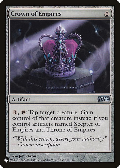 {3}, {T}: Tap target creature. Gain control of that creature instead if you control artifacts named Scepter of Empires and Throne of Empires.