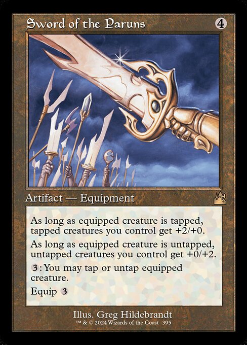 As long as equipped creature is tapped, tapped creatures you control get +2/+0.
As long as equipped creature is untapped, untapped creatures you control get +0/+2.
{3}: You may tap or untap equipped creature.
Equip {3}
