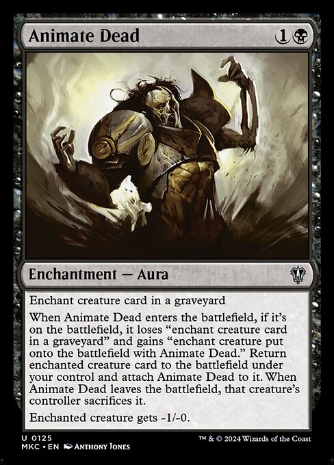 Enchant creature card in a graveyard
When Animate Dead enters the battlefield, if it's on the battlefield, it loses "enchant creature card in a graveyard" and gains "enchant creature put onto the battlefield with Animate Dead." Return enchanted creature card to the battlefield under your control and attach Animate Dead to it. When Animate Dead leaves the battlefield, that creature's controller sacrifices it.
Enchanted creature gets -1/-0.