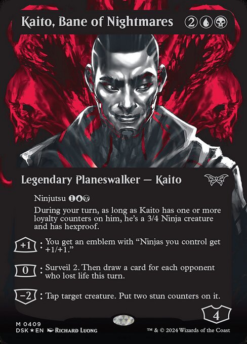 Ninjutsu {1}{U}{B} ({1}{U}{B}, Return an unblocked attacker you control to hand: Put this card onto the battlefield from your hand tapped and attacking.)
During your turn, as long as Kaito has one or more loyalty counters on him, he's a 3/4 Ninja creature and has hexproof.
+1: You get an emblem with "Ninjas you control get +1/+1."
0: Surveil 2. Then draw a card for each opponent who lost life this turn.
−2: Tap target creature. Put two stun counters on it.
