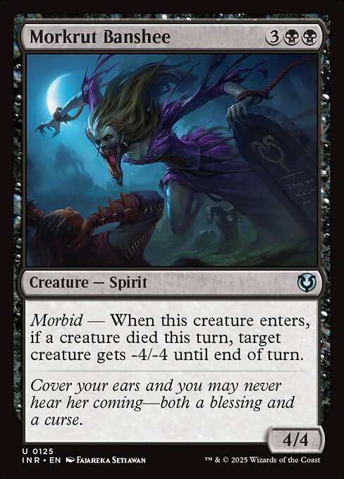 Morbid — When this creature enters, if a creature died this turn, target creature gets -4/-4 until end of turn.