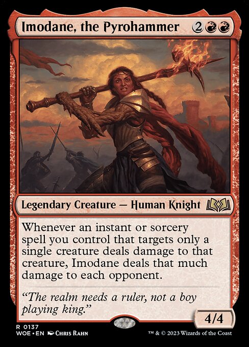 Whenever an instant or sorcery spell you control that targets only a single creature deals damage to that creature, Imodane deals that much damage to each opponent.