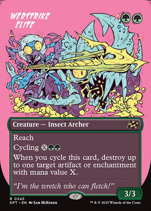 Reach
Cycling {X}{G}{G} ({X}{G}{G}, Discard this card: Draw a card.)
When you cycle this card, destroy up to one target artifact or enchantment with mana value X.