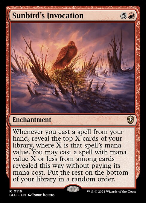 Whenever you cast a spell from your hand, reveal the top X cards of your library, where X is that spell's mana value. You may cast a spell with mana value X or less from among cards revealed this way without paying its mana cost. Put the rest on the bottom of your library in a random order.