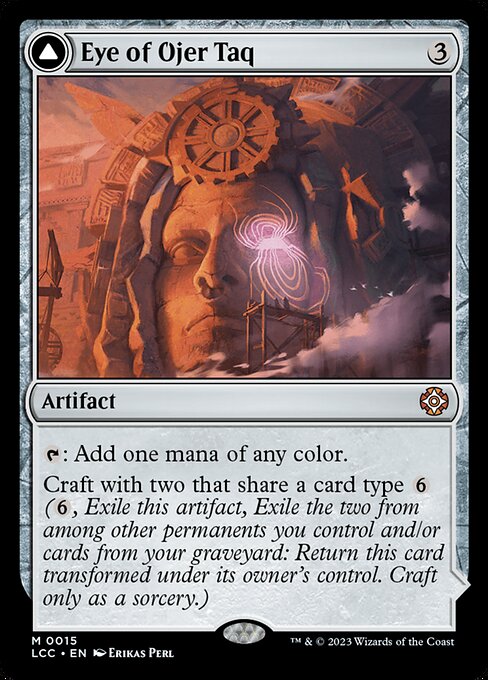 {T}: Add one mana of any color.
Craft with two that share a card type {6} ({6}, Exile this artifact, Exile the two from among other permanents you control and/or cards from your graveyard: Return this card transformed under its owner's control. Craft only as a sorcery.)   This artifact enters tapped. As it enters, choose a card type shared among two exiled cards used to craft it.
{T}: The next spell you cast this turn of the chosen type can be cast without paying its mana cost.