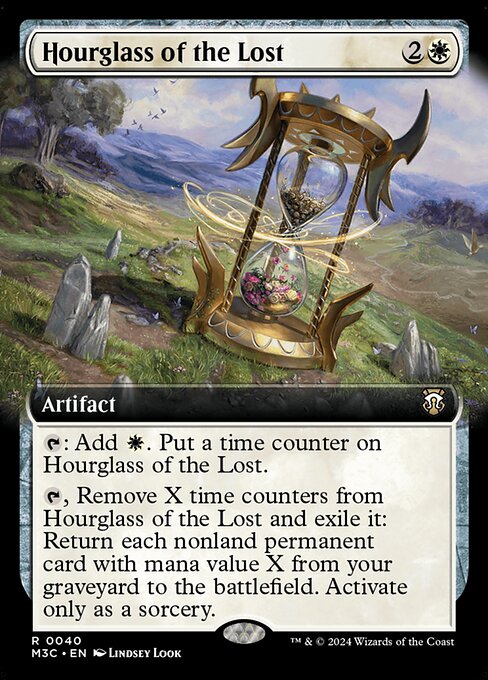 {T}: Add {W}. Put a time counter on Hourglass of the Lost.
{T}, Remove X time counters from Hourglass of the Lost and exile it: Return each nonland permanent card with mana value X from your graveyard to the battlefield. Activate only as a sorcery.