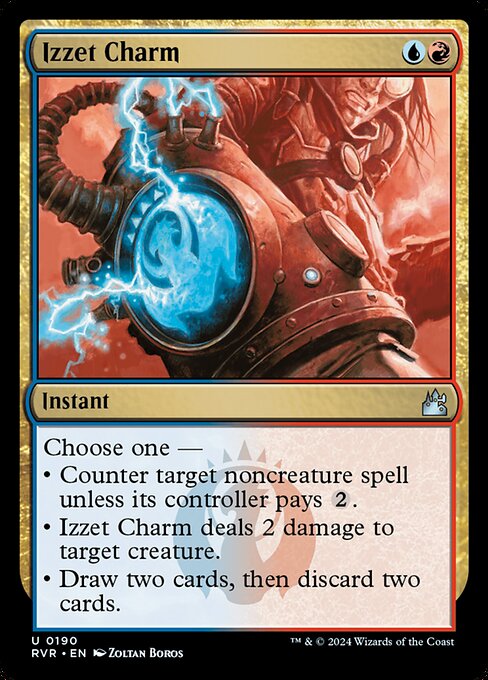 Choose one —
• Counter target noncreature spell unless its controller pays {2}.
• Izzet Charm deals 2 damage to target creature.
• Draw two cards, then discard two cards.