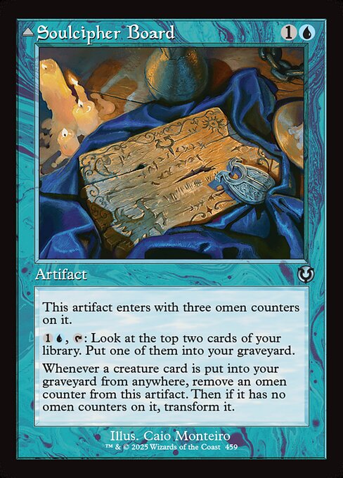 This artifact enters with three omen counters on it.
{1}{U}, {T}: Look at the top two cards of your library. Put one of them into your graveyard.
Whenever a creature card is put into your graveyard from anywhere, remove an omen counter from this artifact. Then if it has no omen counters on it, transform it.   Flying
This creature can block only creatures with flying.
{3}{U}: Draw two cards, then discard a card.