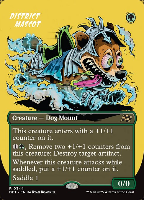 This creature enters with a +1/+1 counter on it.
{1}{G}, Remove two +1/+1 counters from this creature: Destroy target artifact.
Whenever this creature attacks while saddled, put a +1/+1 counter on it.
Saddle 1