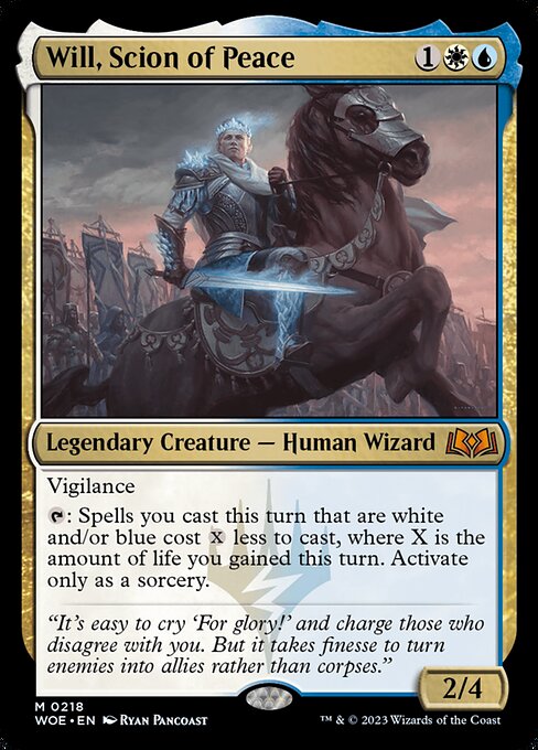 Vigilance
{T}: Spells you cast this turn that are white and/or blue cost {X} less to cast, where X is the amount of life you gained this turn. Activate only as a sorcery.