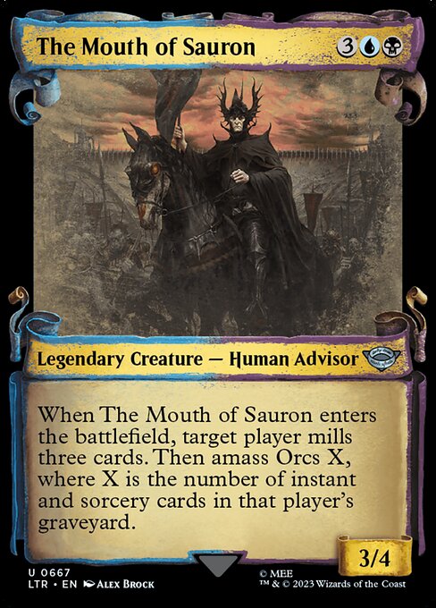 When The Mouth of Sauron enters the battlefield, target player mills three cards. Then amass Orcs X, where X is the number of instant and sorcery cards in that player's graveyard. (Put X +1/+1 counters on an Army you control. It's also an Orc. If you don't control an Army, create a 0/0 black Orc Army creature token first.)