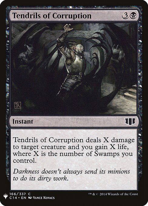 Tendrils of Corruption deals X damage to target creature and you gain X life, where X is the number of Swamps you control.