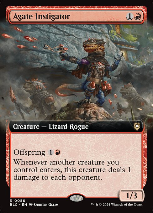 Offspring {1}{R} (You may pay an additional {1}{R} as you cast this spell. If you do, when this creature enters, create a 1/1 token copy of it.)
Whenever another creature you control enters, this creature deals 1 damage to each opponent.