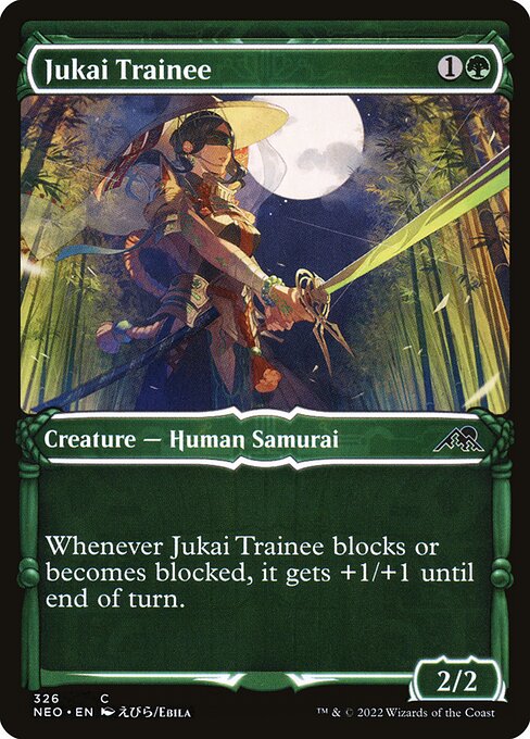 Whenever Jukai Trainee blocks or becomes blocked, it gets +1/+1 until end of turn.
