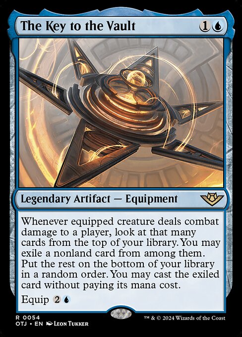 Whenever equipped creature deals combat damage to a player, look at that many cards from the top of your library. You may exile a nonland card from among them. Put the rest on the bottom of your library in a random order. You may cast the exiled card without paying its mana cost.
Equip {2}{U}