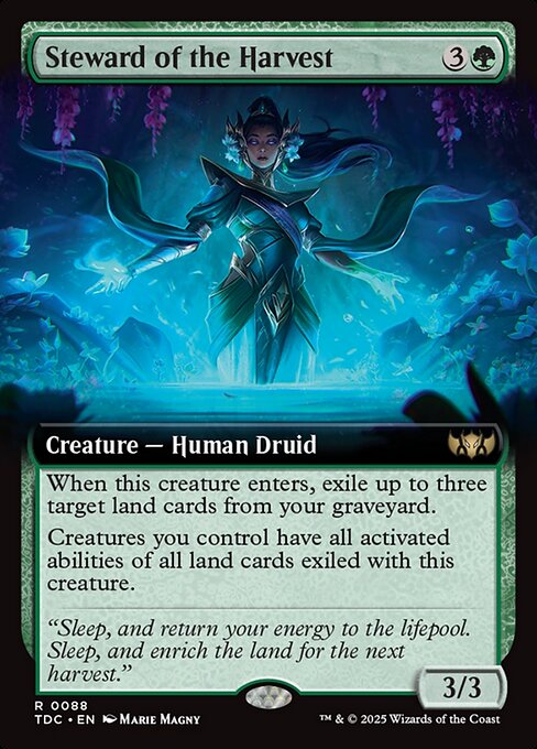 When this creature enters, exile up to three target land cards from your graveyard.
Creatures you control have all activated abilities of all land cards exiled with this creature.
