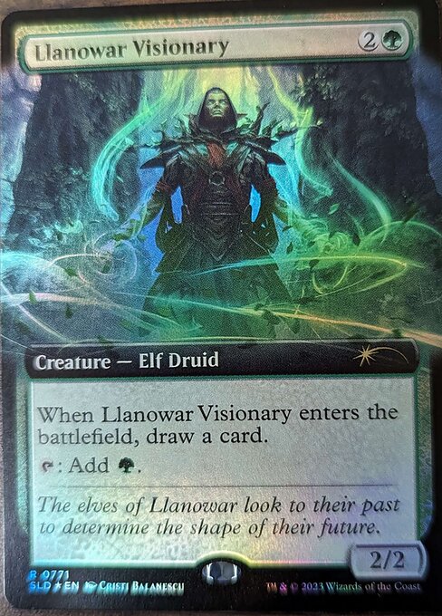 When Llanowar Visionary enters the battlefield, draw a card.
{T}: Add {G}.