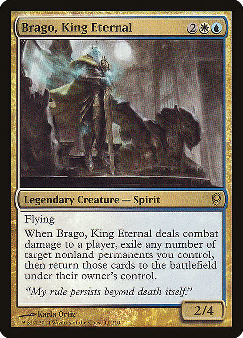 Flying
Whenever Brago, King Eternal deals combat damage to a player, exile any number of target nonland permanents you control, then return those cards to the battlefield under their owner's control.