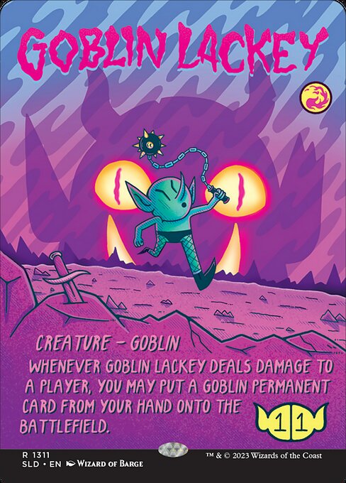 Whenever this creature deals damage to a player, you may put a Goblin permanent card from your hand onto the battlefield.