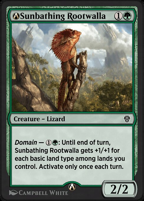 Domain — {1}{G}: Until end of turn, Sunbathing Rootwalla gets +1/+1 for each basic land type among lands you control. Activate only once each turn.