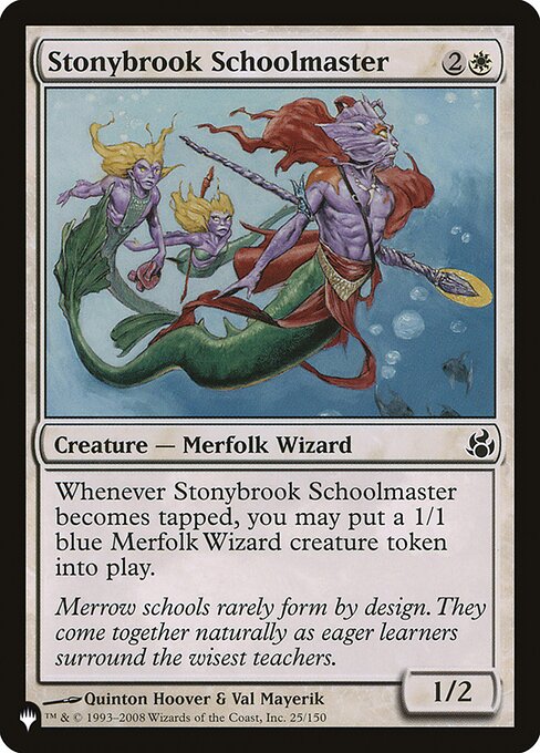 Whenever Stonybrook Schoolmaster becomes tapped, you may create a 1/1 blue Merfolk Wizard creature token.