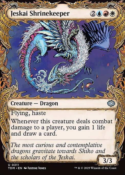 Flying, haste
Whenever this creature deals combat damage to a player, you gain 1 life and draw a card.