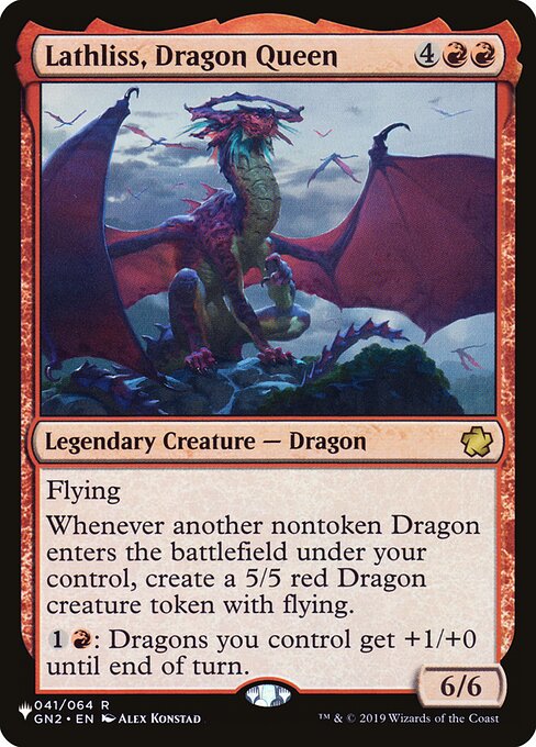 Flying
Whenever another nontoken Dragon enters the battlefield under your control, create a 5/5 red Dragon creature token with flying.
{1}{R}: Dragons you control get +1/+0 until end of turn.