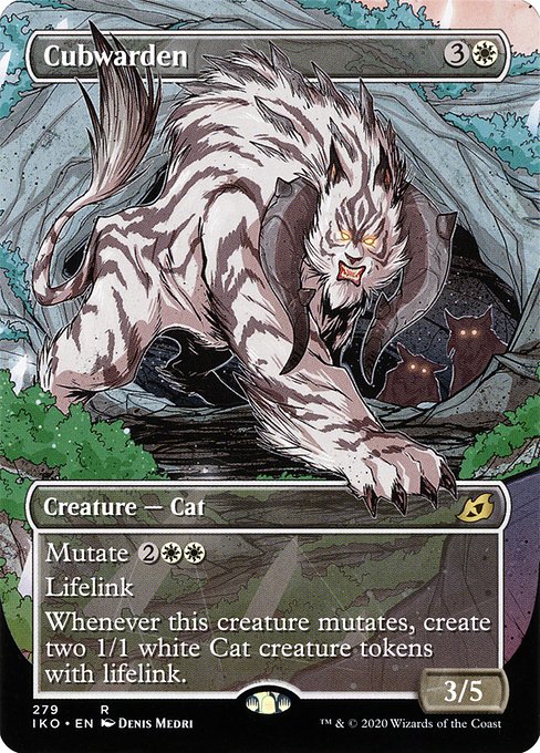 Mutate {2}{W}{W} (If you cast this spell for its mutate cost, put it over or under target non-Human creature you own. They mutate into the creature on top plus all abilities from under it.)
Lifelink
Whenever this creature mutates, create two 1/1 white Cat creature tokens with lifelink.