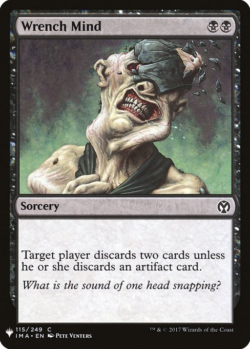 Target player discards two cards unless they discard an artifact card.