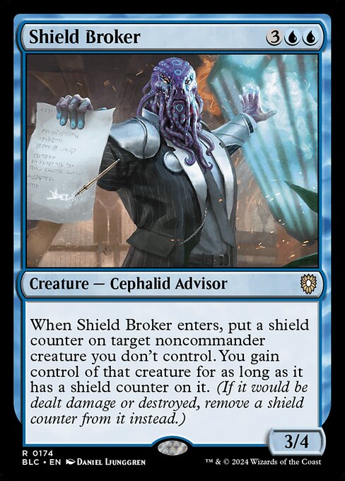 When Shield Broker enters the battlefield, put a shield counter on target noncommander creature you don't control. You gain control of that creature for as long as it has a shield counter on it. (If it would be dealt damage or destroyed, remove a shield counter from it instead.)