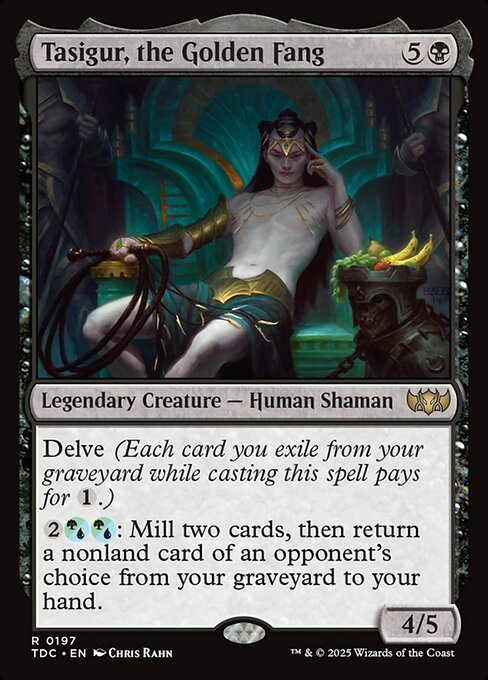 Delve (Each card you exile from your graveyard while casting this spell pays for {1}.)
{2}{G/U}{G/U}: Mill two cards, then return a nonland card of an opponent's choice from your graveyard to your hand.