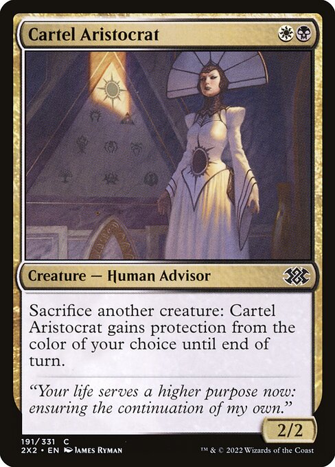 Sacrifice another creature: Cartel Aristocrat gains protection from the color of your choice until end of turn.