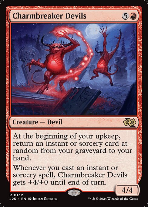 At the beginning of your upkeep, return an instant or sorcery card at random from your graveyard to your hand.
Whenever you cast an instant or sorcery spell, Charmbreaker Devils gets +4/+0 until end of turn.