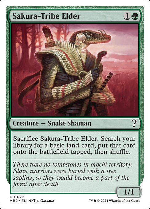 Sacrifice Sakura-Tribe Elder: Search your library for a basic land card, put that card onto the battlefield tapped, then shuffle.