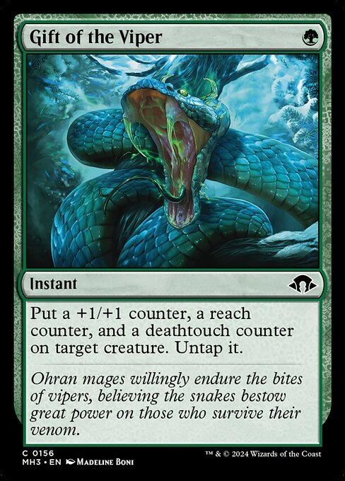 Put a +1/+1 counter, a reach counter, and a deathtouch counter on target creature. Untap it.