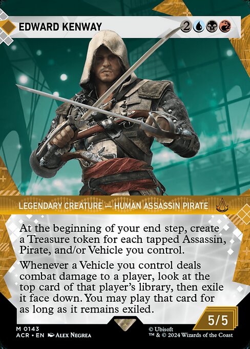 At the beginning of your end step, create a Treasure token for each tapped Assassin, Pirate, and/or Vehicle you control.
Whenever a Vehicle you control deals combat damage to a player, look at the top card of that player's library, then exile it face down. You may play that card for as long as it remains exiled.
