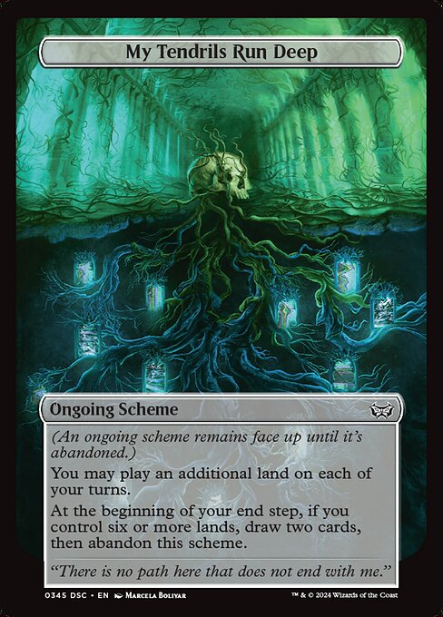 (An ongoing scheme remains face up until it's abandoned.)
You may play an additional land on each of your turns.
At the beginning of your end step, if you control six or more lands, draw two cards, then abandon this scheme.