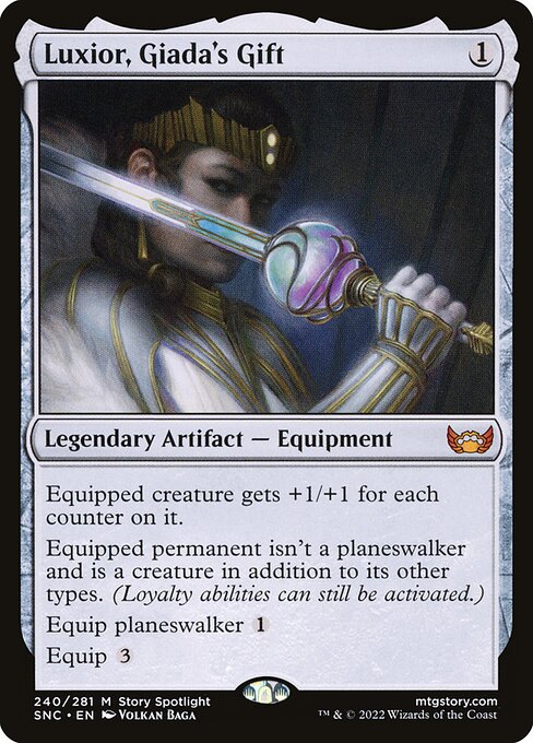 Equipped creature gets +1/+1 for each counter on it.
Equipped permanent isn't a planeswalker and is a creature in addition to its other types. (Loyalty abilities can still be activated.)
Equip planeswalker {1}
Equip {3}