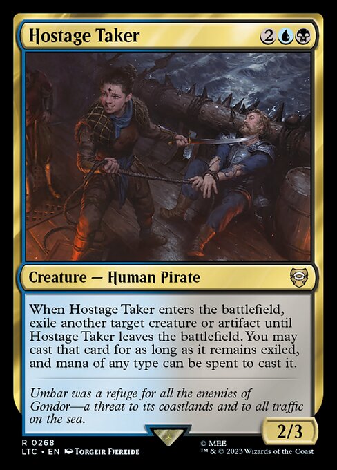 When Hostage Taker enters the battlefield, exile another target creature or artifact until Hostage Taker leaves the battlefield. You may cast that card for as long as it remains exiled, and mana of any type can be spent to cast that spell.