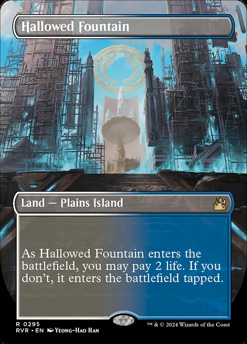({T}: Add {W} or {U}.)
As Hallowed Fountain enters the battlefield, you may pay 2 life. If you don't, it enters the battlefield tapped.