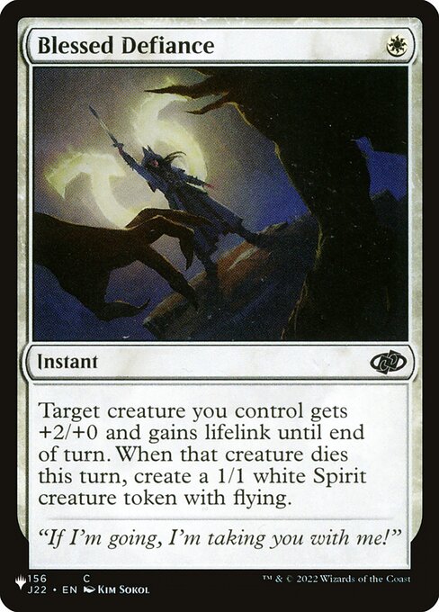 Target creature you control gets +2/+0 and gains lifelink until end of turn. When that creature dies this turn, create a 1/1 white Spirit creature token with flying.