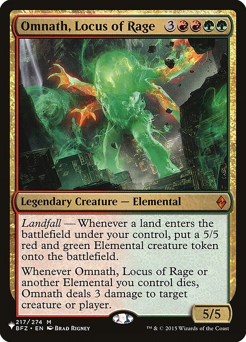 Landfall — Whenever a land enters the battlefield under your control, create a 5/5 red and green Elemental creature token.
Whenever Omnath, Locus of Rage or another Elemental you control dies, Omnath deals 3 damage to any target.