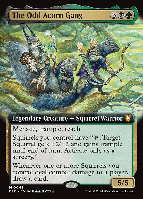 Menace, trample, reach
Squirrels you control have "{T}: Target Squirrel gets +2/+2 and gains trample until end of turn. Activate only as a sorcery."
Whenever one or more Squirrels you control deal combat damage to a player, draw a card.